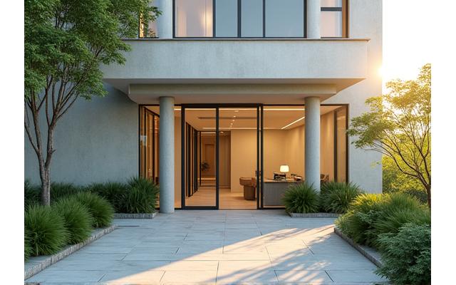 Exterior view of Vital Thread Wellness center building, featuring modern architecture and lush landscaping.